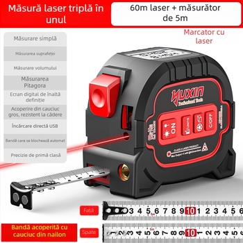 Distanțier laser multifuncțional cu rază de 60 m, precizie ±2 mm, IP54, 315 g, baterie Li-ion reîncărcabilă