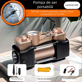 Pompă de aer portabilă pentru mașină, cilindru dublu, 12V, 120W, cablu 3 m, manometru