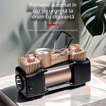 Pompă de aer portabilă pentru mașină, cilindru dublu, 12V, 120W, cablu 3 m, manometru