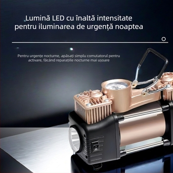 Pompă de aer portabilă pentru mașină, cilindru dublu, 12V, 120W, cablu 3 m, manometru