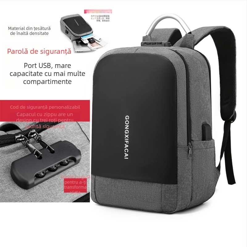 Rucsac unisex pentru laptop cu port USB și lacăt cu parolă, 20–35L, nailon, rezistent la uzură, pentru deplasări de afaceri