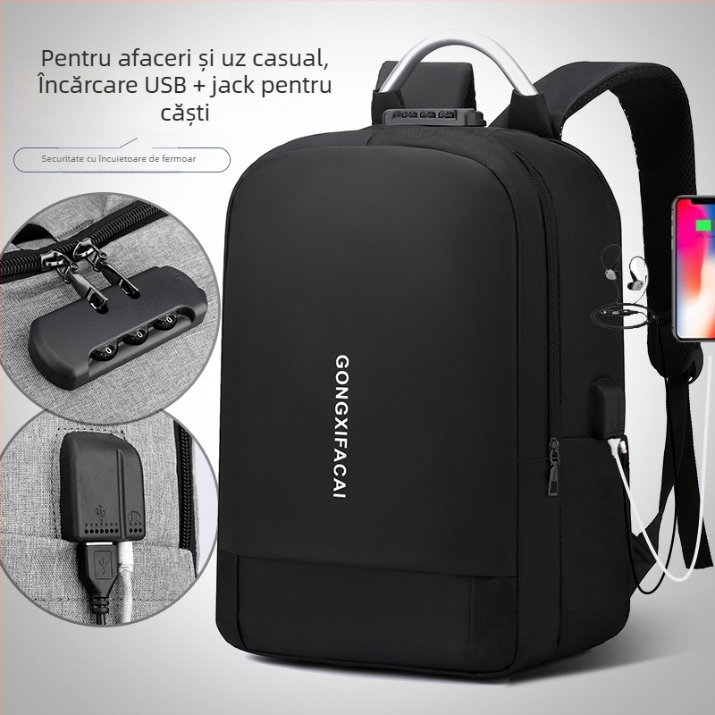 Rucsac unisex pentru laptop cu port USB și lacăt cu parolă, 20–35L, nailon, rezistent la uzură, pentru deplasări de afaceri