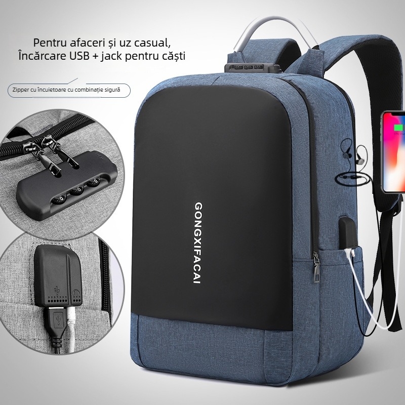 Rucsac unisex pentru laptop cu port USB și lacăt cu parolă, 20–35L, nailon, rezistent la uzură, pentru deplasări de afaceri