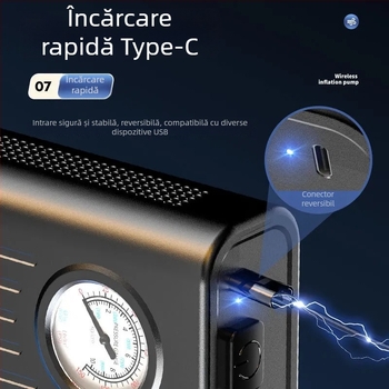 Pompa de aer fără fir, cu cilindri dubli, pentru mașini, motociclete și biciclete — 180W, 36V, 35 L/min, manometru, autonomie peste 20 de minute