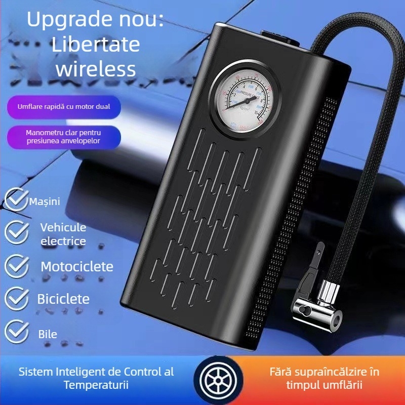 Pompa de aer fără fir, cu cilindri dubli, pentru mașini, motociclete și biciclete — 180W, 36V, 35 L/min, manometru, autonomie peste 20 de minute
