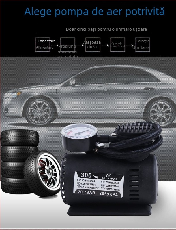 Inflațor auto 12V mic cu manometru, 100W, 25 L/min, alimentare la brichetă