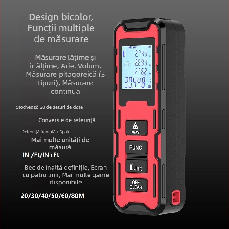 Distanțometru laser portabil, interval 0,05–80 m, precizie 1 mm, IP54 rezistent la praf și stropi, timp de măsurare 0,03–3 s, greutate 60 g