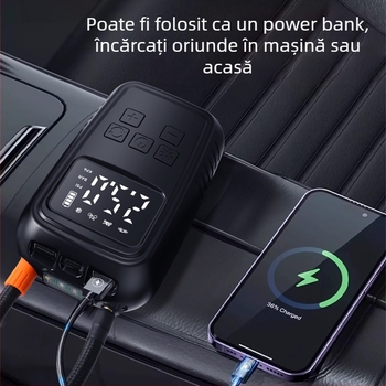Pompa portabilă de aer pentru mașină cu încărcare USB, 220 W, debit 30 L/min, 110-220 V, autonomie 5–20 minute, 690 g