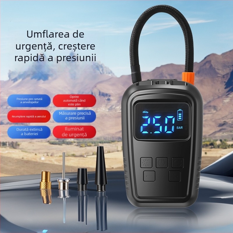 Pompa portabilă de aer pentru mașină cu încărcare USB, 220 W, debit 30 L/min, 110-220 V, autonomie 5–20 minute, 690 g
