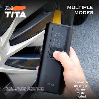 TITA Pompă de aer auto fără fir — compresor portabil cu afișaj digital, 120W, 5V/2A, 45 L/min, cilindru unic