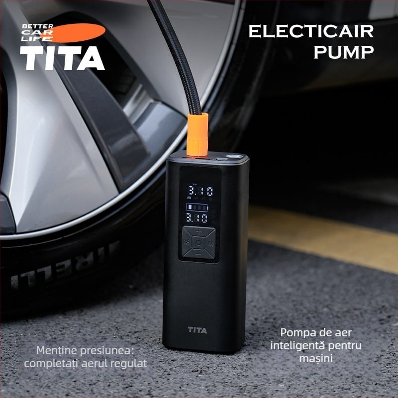 TITA Pompă de aer auto fără fir — compresor portabil cu afișaj digital, 120W, 5V/2A, 45 L/min, cilindru unic