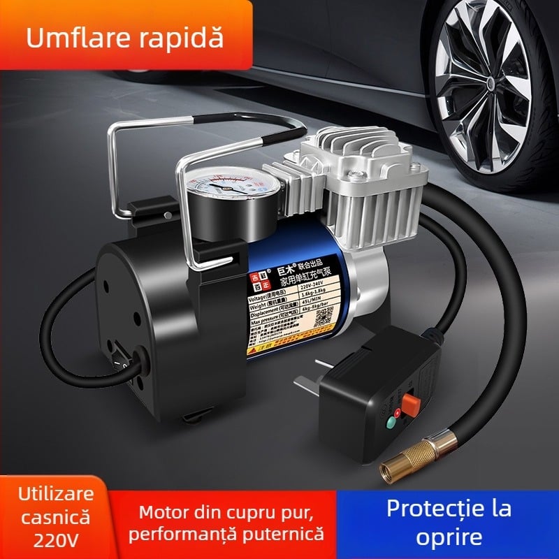 Pompă de aer casnic cu cilindru unic pentru baschet și fotbal – 220V, 220W, Material: metal + ABS, Manometru, Debitul >70 L/min