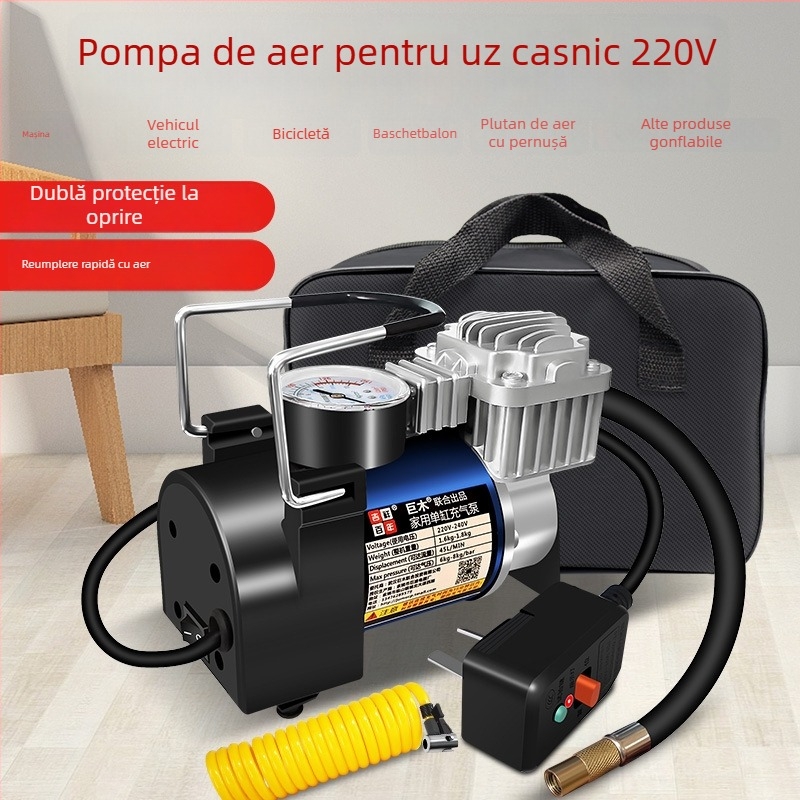 Pompă de aer casnic cu cilindru unic pentru baschet și fotbal – 220V, 220W, Material: metal + ABS, Manometru, Debitul >70 L/min