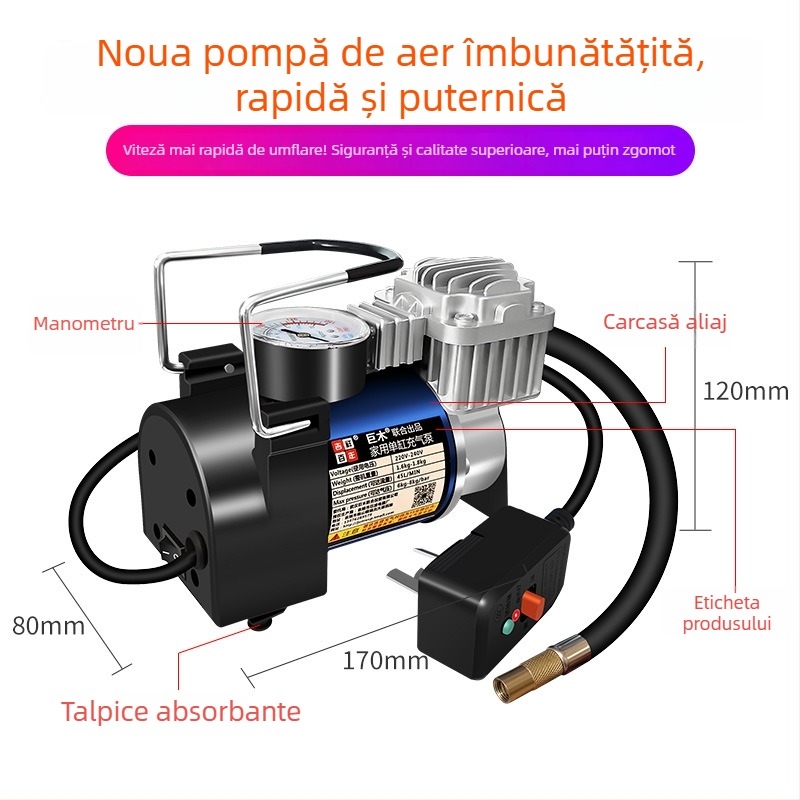 Pompă de aer casnic cu cilindru unic pentru baschet și fotbal – 220V, 220W, Material: metal + ABS, Manometru, Debitul >70 L/min