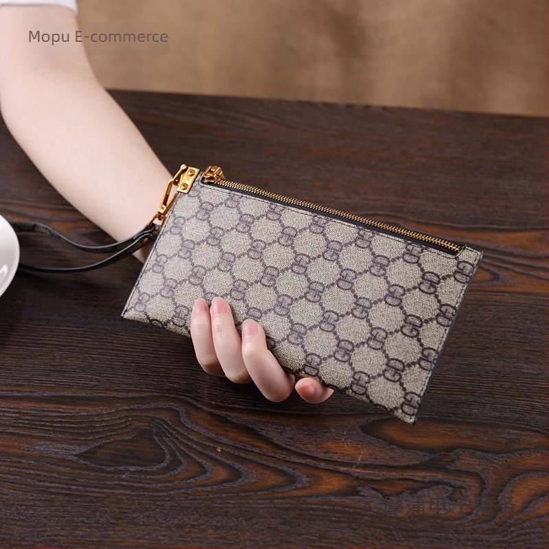 Portofel de damă lung cu fermoar, pentru afaceri, poliester, căptușeală din piele de vită, buzunare interne pentru telefon, documente și laptop