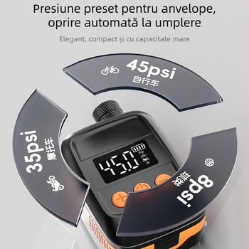 Pompa electrică inteligentă mini pentru biciclete și motociclete, baterie Li-ion 7,4V, debit 25 L/min, afișaj digital, greutate 152 g, carcasă PC ignifugă