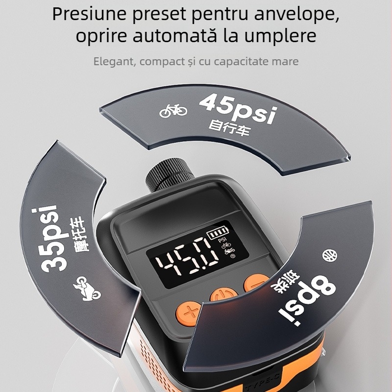 Pompa electrică inteligentă mini pentru biciclete și motociclete, baterie Li-ion 7,4V, debit 25 L/min, afișaj digital, greutate 152 g, carcasă PC ignifugă