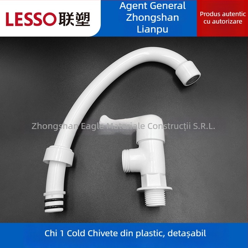 Robinet de bucătărie din plastic, doar rece, cu design curbat, duză cu filtru și comutare rapidă — model W23105; DN15 (15 mm) intrare/ieșire; presiune nominală 1,0 MPa; temperatură de funcționare până la 45°C; miez ceramic.