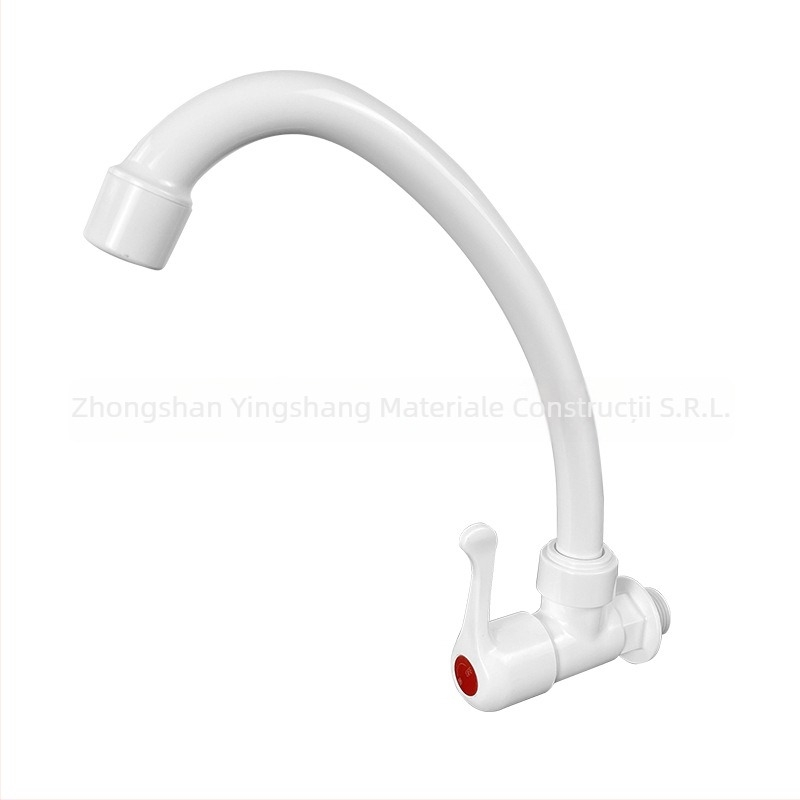 Robinet de bucătărie din plastic, doar rece, cu design curbat, duză cu filtru și comutare rapidă — model W23105; DN15 (15 mm) intrare/ieșire; presiune nominală 1,0 MPa; temperatură de funcționare până la 45°C; miez ceramic.