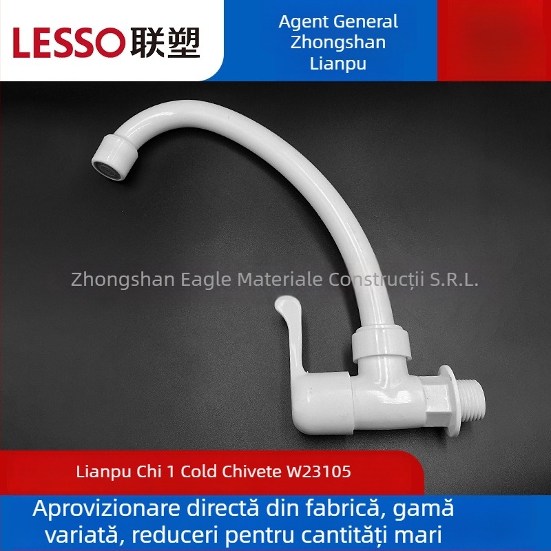 Robinet de bucătărie din plastic, doar rece, cu design curbat, duză cu filtru și comutare rapidă — model W23105; DN15 (15 mm) intrare/ieșire; presiune nominală 1,0 MPa; temperatură de funcționare până la 45°C; miez ceramic.