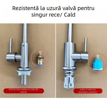 Robinet de bucătărie din oțel inoxidabil 304, finisaj periat, montat pe perete, rotativ, cu disc ceramic