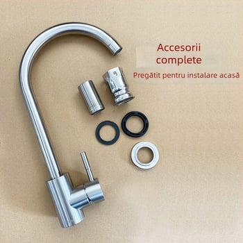 Robinet de bucătărie din oțel inoxidabil 304, finisaj periat, montat pe perete, rotativ, cu disc ceramic