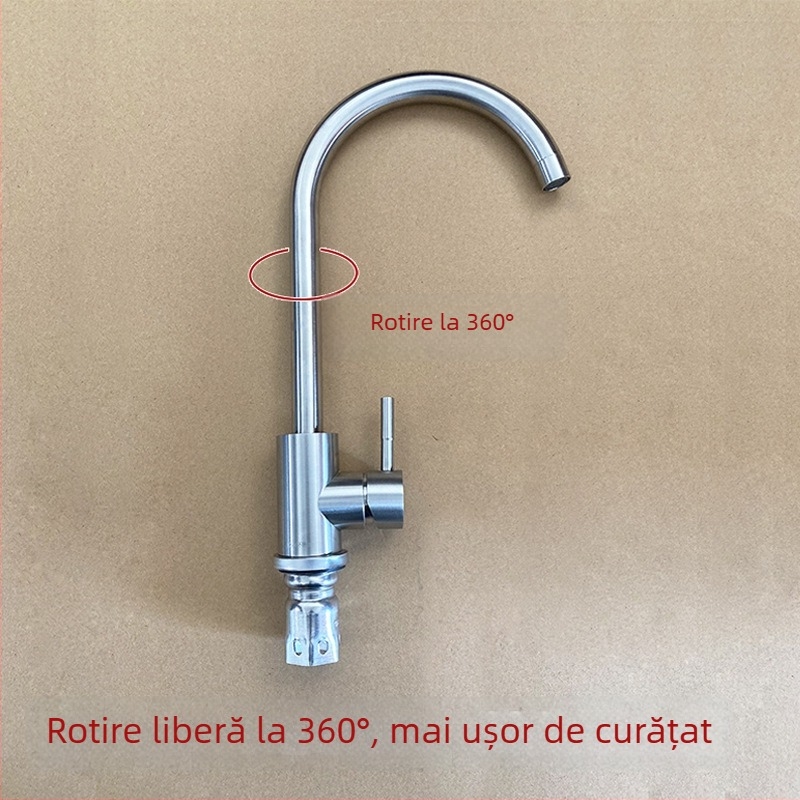 Robinet de bucătărie din oțel inoxidabil 304, finisaj periat, montat pe perete, rotativ, cu disc ceramic