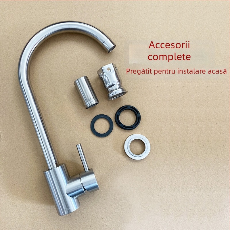 Robinet de bucătărie din oțel inoxidabil 304, finisaj periat, montat pe perete, rotativ, cu disc ceramic