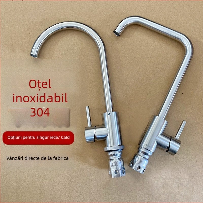 Robinet de bucătărie din oțel inoxidabil 304, finisaj periat, montat pe perete, rotativ, cu disc ceramic