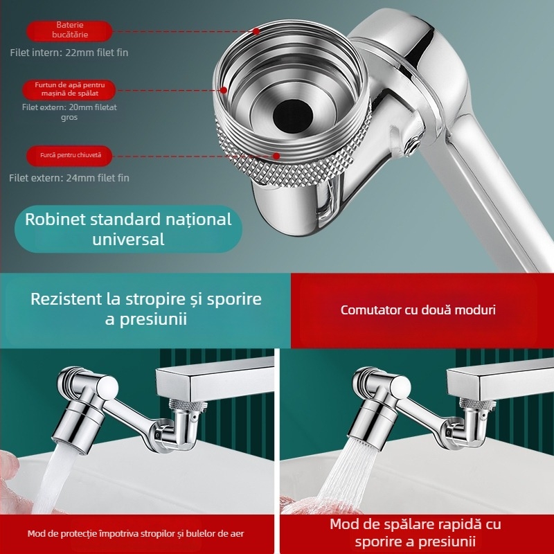 Extensior de robinet rotativ cu braț robotic, adaptor universal pentru chiuvetă, protecție împotriva stropilor, intrare/ieșire Ø20 mm, aliaj de zinc, miez de cupru