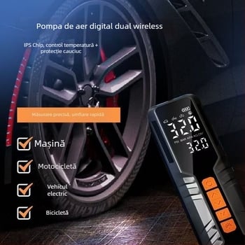 Pompa compactă pentru anvelope auto, cu afișaj digital, alimentare USB sau din priza auto (80 W, 11.1 V, 25 L/min)