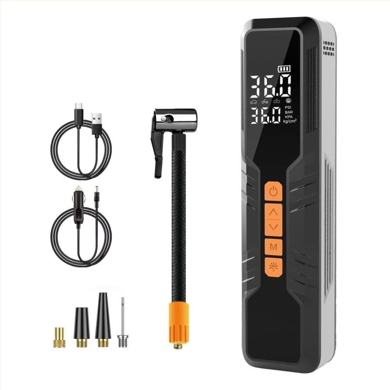 Pompa compactă pentru anvelope auto, cu afișaj digital, alimentare USB sau din priza auto (80 W, 11.1 V, 25 L/min)