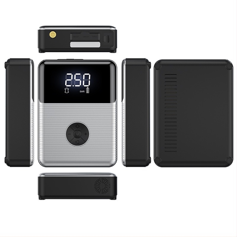 Pompa de aer wireless pentru pneuri auto – unitate all-in-one cu pornire de urgență, CE, intrare 12.6V, ieșire 12V, 4 duze: auto, motocicletă, bicicletă, baschet.