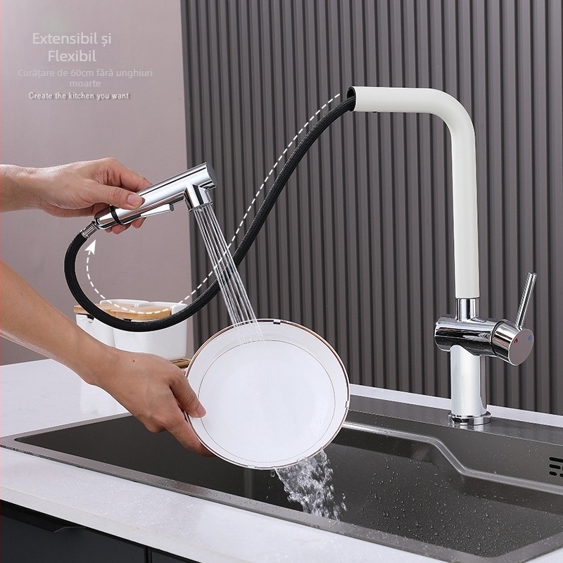 Robinet de bucătărie din oțel inoxidabil 304, duză retractabilă, montaj pe suprafață, acționare prin ridicare, intrare G1/2