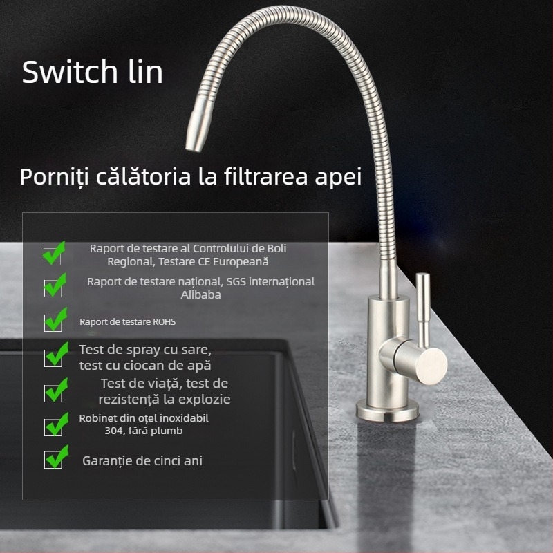 Robinet filtrare apă din oțel inoxidabil 304, cu nucleu ceramic al valvei, finisaj periat, conexiuni filetate cu 2 puncte, montaj manual