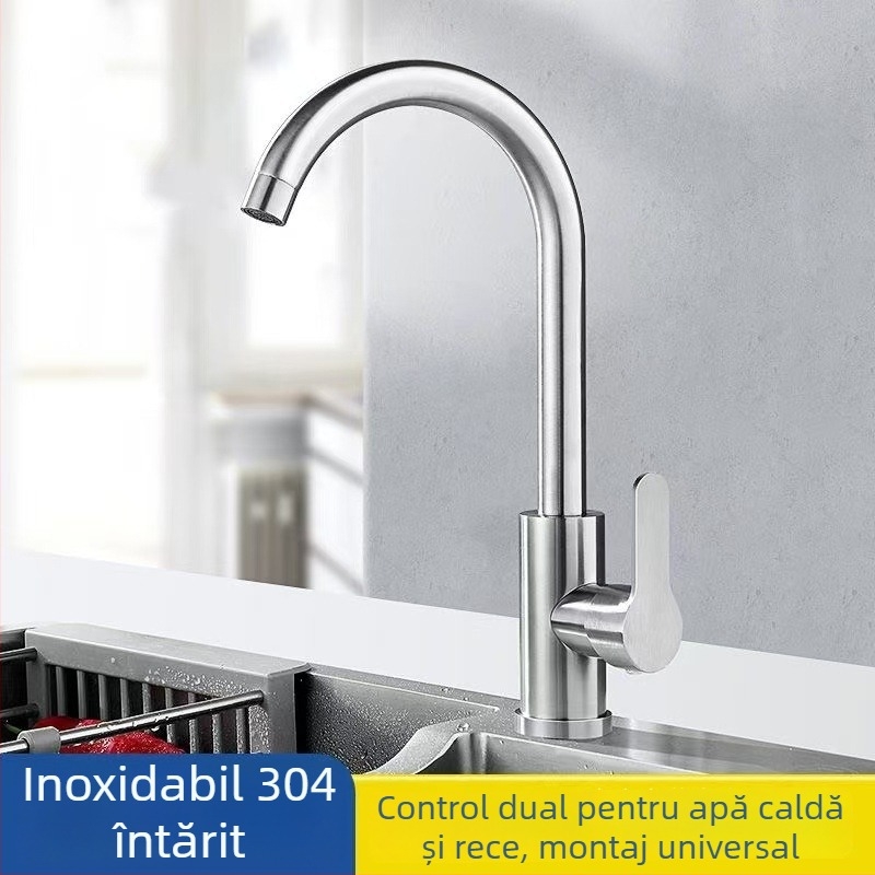Robinet de bucătărie din oțel inoxidabil, finisaj satinat, apă caldă și rece, jet rotativ, cartuș ceramic