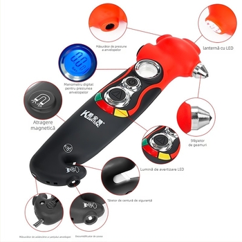 Multitool de urgență auto: cioc pentru geam, tăietor de centură, lanternă LED, lumină intermitentă, deflator de aer, manometru pentru presiunea în pneuri, măsurător adâncime profil, magnet — 5–150 psi, PSI/BAR, ±1% precizie