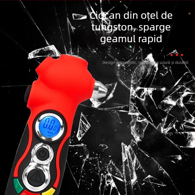 Multitool de urgență auto: cioc pentru geam, tăietor de centură, lanternă LED, lumină intermitentă, deflator de aer, manometru pentru presiunea în pneuri, măsurător adâncime profil, magnet — 5–150 psi, PSI/BAR, ±1% precizie