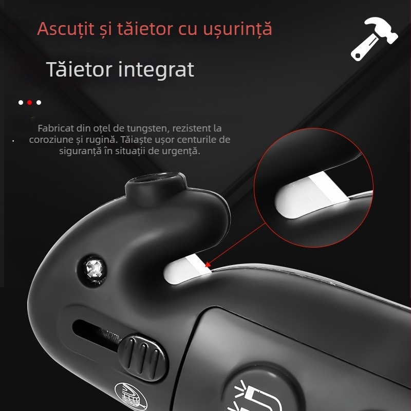Multitool de urgență auto: cioc pentru geam, tăietor de centură, lanternă LED, lumină intermitentă, deflator de aer, manometru pentru presiunea în pneuri, măsurător adâncime profil, magnet — 5–150 psi, PSI/BAR, ±1% precizie