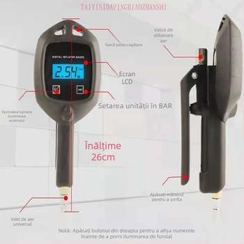 Manometru digital pentru presiunea pneurilor auto, senzor electronic pentru umflarea și măsurarea presiunii, interval 0-100 psi, afișaj în unități variate, precizie 100%
