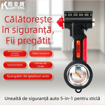 Unealtă de urgență 5 în 1: spargător de geam, ciocan multifuncțional, tăietor pentru centură, manometru pentru presiunea pneurilor (10-100 psi), lopată de zăpadă