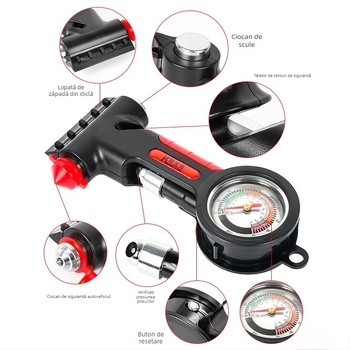 Unealtă de urgență 5 în 1: spargător de geam, ciocan multifuncțional, tăietor pentru centură, manometru pentru presiunea pneurilor (10-100 psi), lopată de zăpadă