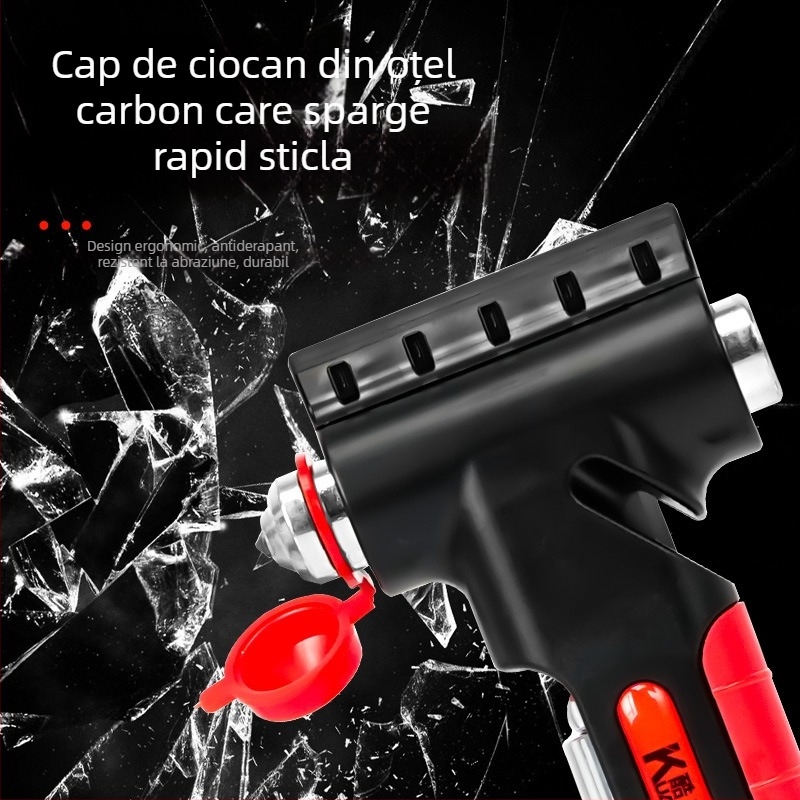 Unealtă de urgență 5 în 1: spargător de geam, ciocan multifuncțional, tăietor pentru centură, manometru pentru presiunea pneurilor (10-100 psi), lopată de zăpadă