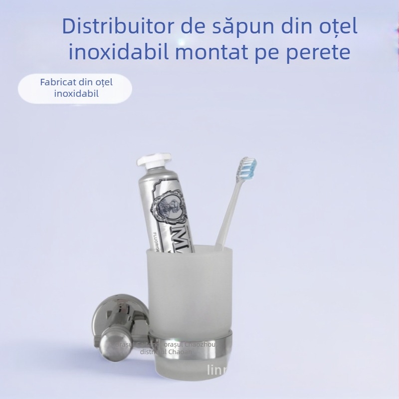 Pahar din oțel inoxidabil pentru periuțe de dinți, montat pe perete, pentru săpun lichid (Material: oțel inoxidabil; Finisaj: lustruit; Rezistență la încărcare: 5 kg; Funcție: săpun lichid)