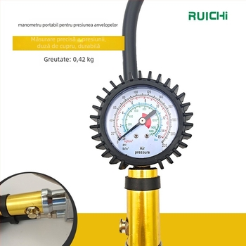 Manometru portabil pentru umflarea pneurilor, Ruichi, corp din aliaj de zinc, interval 220 psi, precizie 10 psi, afișaj cu mai multe unități, greutate 0,42 kg