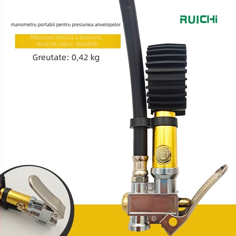Manometru portabil pentru umflarea pneurilor, Ruichi, corp din aliaj de zinc, interval 220 psi, precizie 10 psi, afișaj cu mai multe unități, greutate 0,42 kg
