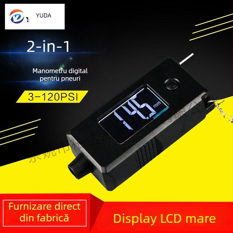 Manometru digital dual pentru presiunea în pneuri și riglă de adâncime a profilului — interval 3-120 psi, precizie ±1 psi, rezoluție 0,5 psi, ABS, baterie CR2032