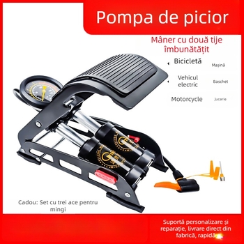 Pompa cu pedală, cu două cilindri, presiune înaltă, 170 psi, corp din fier, pentru autoturisme, motociclete și uz casnic