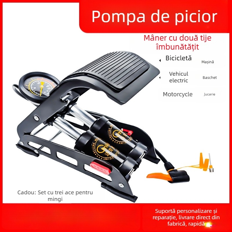 Pompa cu pedală, cu două cilindri, presiune înaltă, 170 psi, corp din fier, pentru autoturisme, motociclete și uz casnic