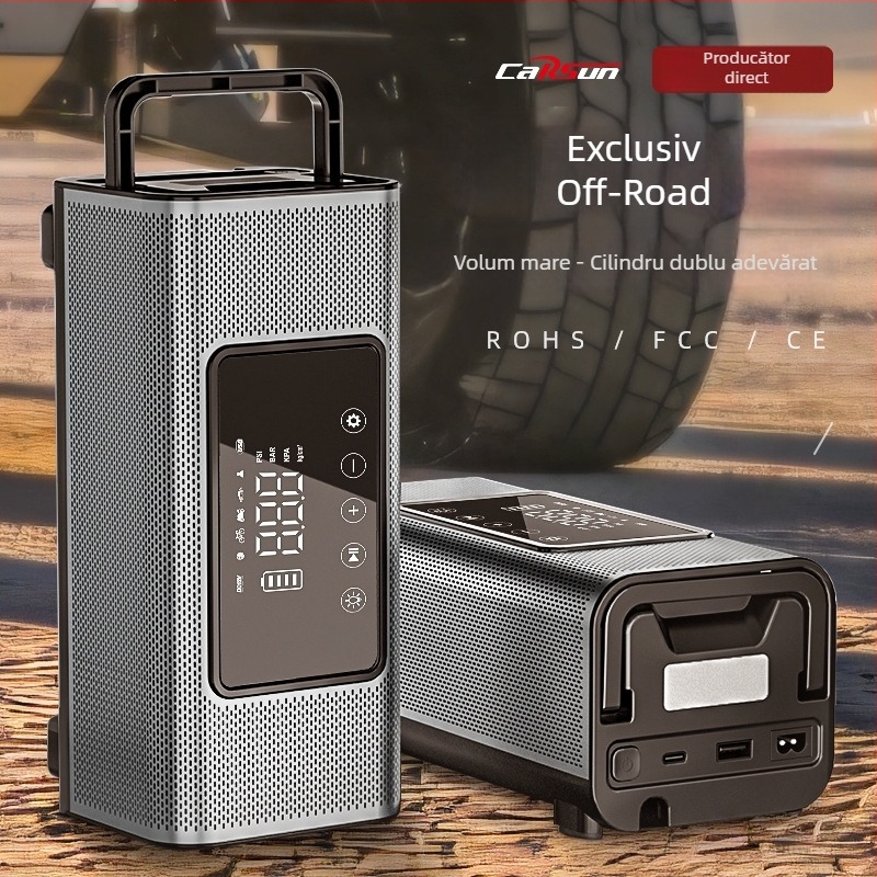 Pompa de aer pentru vehicul, cilindri dubli, 12V, 120W, 35 L/min, reîncărcabilă, display digital